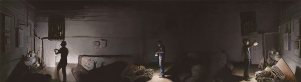Karl in Three Movements by Tun Myaing, oil on mylar, 6.5 x 24 inches, 2013. 